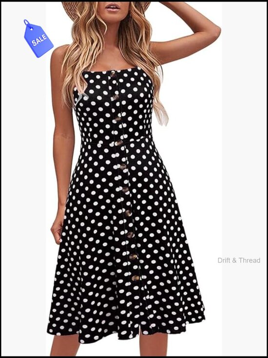 Dresses & Skirts - Women's Casual Cotton Spaghetti Strap Midi Sundress with Buttons